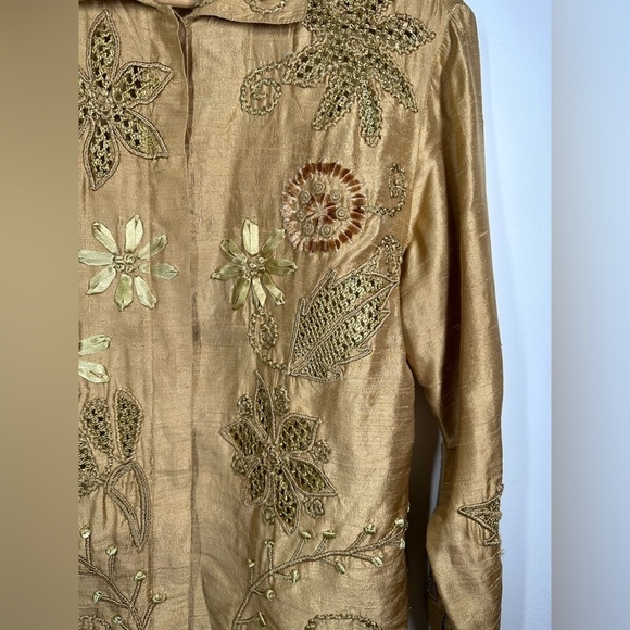 SANDY Starkman 100% Silk Gold Embellished Button Down Shirt Size Petite  Medium - Picture 2 of 6